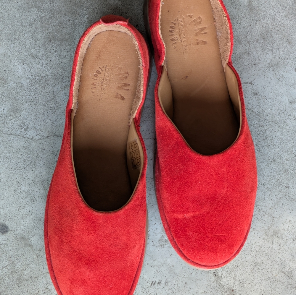 DNA red suede slip on sandals